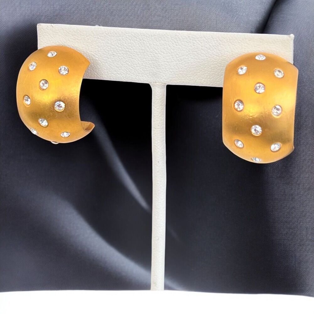 Vintage 1980s Crystal Hoop Earrings Matte Gold Tone Pierced - 8T